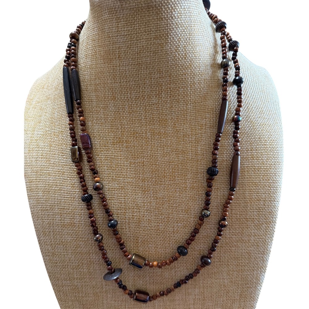 Long Brown Wood‎ Beaded Strand Necklace Boho Earthy Metallic Accents